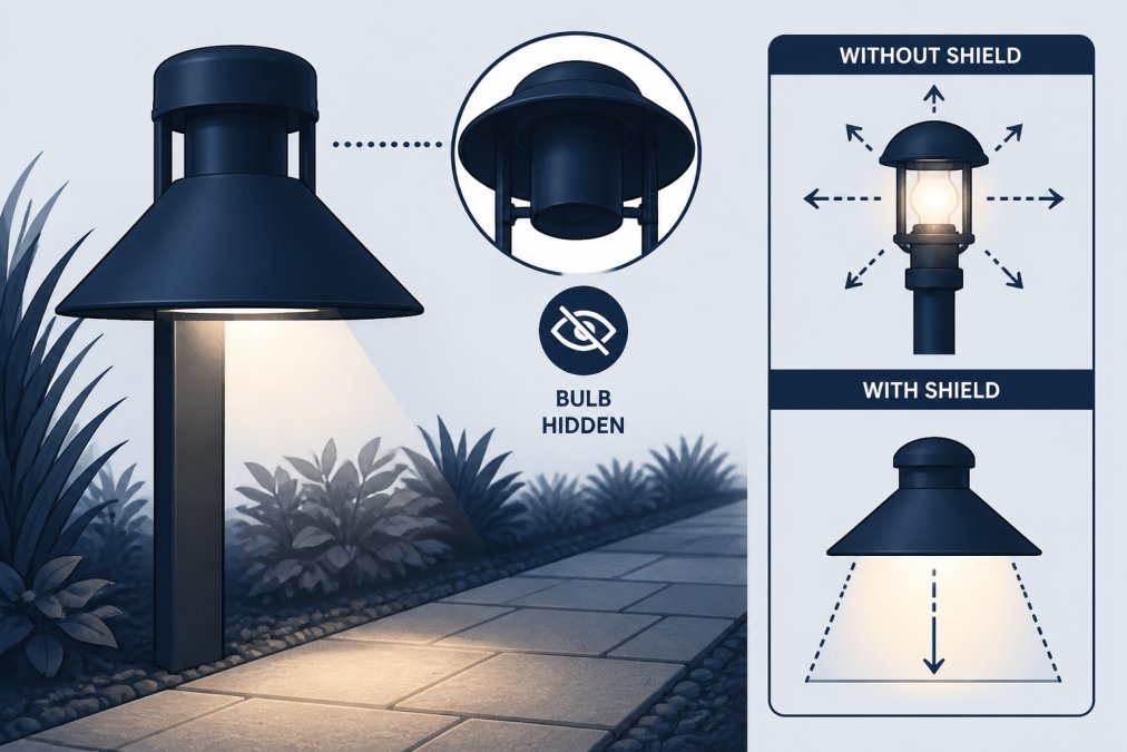 Close-up of a garden pathway light fixture with a dark matte glare guard installed, showing how the shield directs warm-white light downward onto pavers while keeping the bulb completely hidden from view