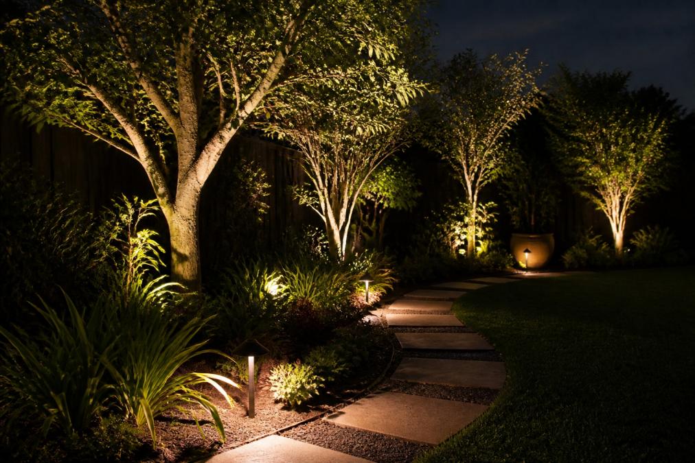 Nighttime garden scene with multiple low-intensity accent lights positioned on trees and planting beds, creating soft pools of warm-white illumination without visible glare or light spilling beyond the garden boundaries