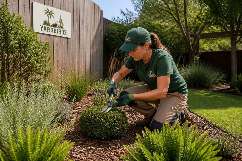 A gardener in work clothes kneeling beside a well-maintained garden bed, trimming shrubs with hand tools in a residential backyard with native plants and mulch