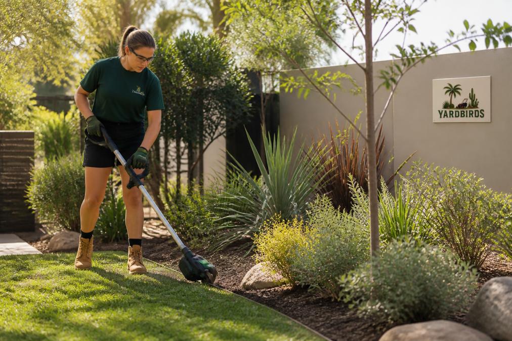 Professional gardener using all-electric edging equipment on a modern low-maintenance garden with native plants, mulched beds, and minimal lawn area, natural morning light