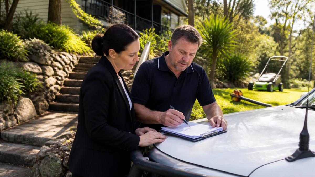 A property manager and a garden maintenance contractor reviewing insurance documents on a clipboard resting on the bonnet of a ute, with a steep leafy rental property and mowing equipment visible behind them in afternoon light