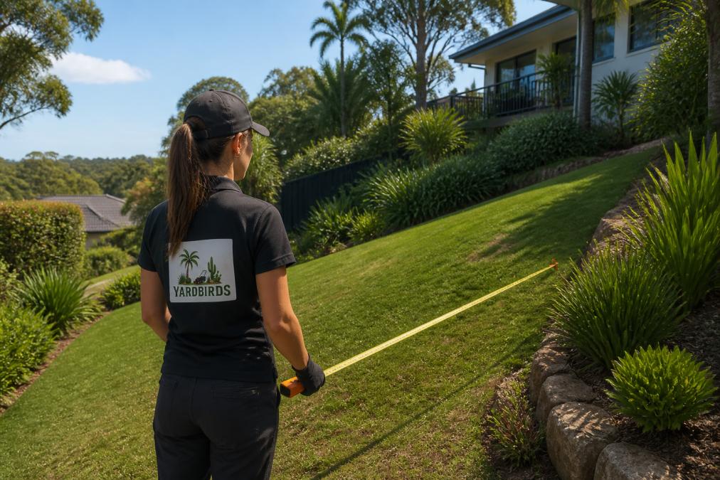 Professional gardener assessing a residential garden with varied terrain, measuring a sloped area with dense plantings and lawn sections during morning inspection