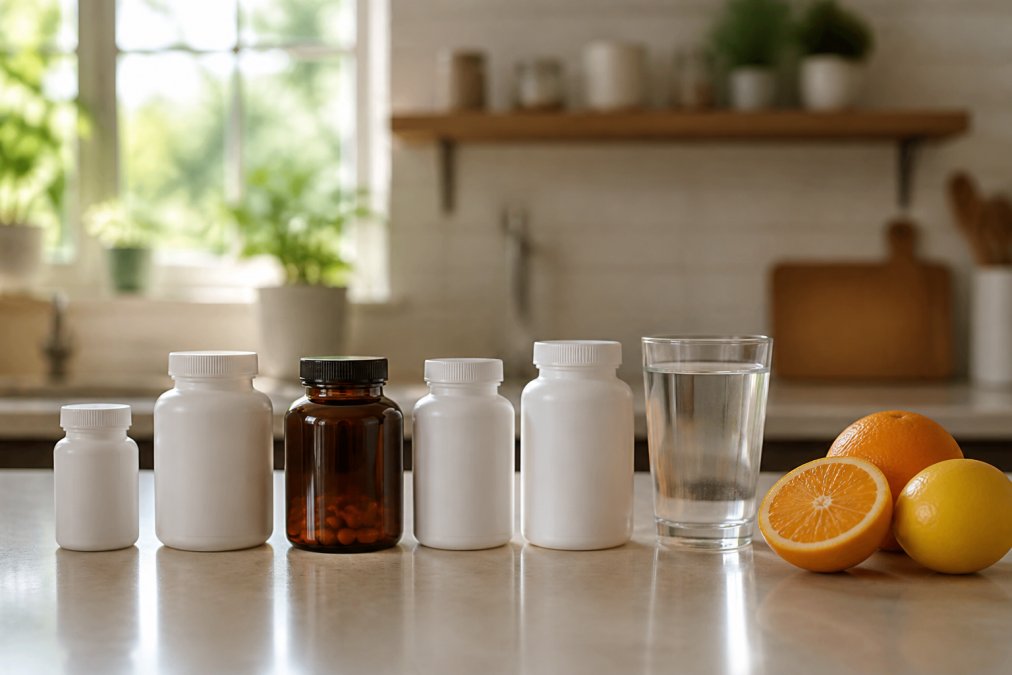 Supplement bottles, citrus fruit, and water on a kitchen counter as a Garden of Life alternative for immunity.