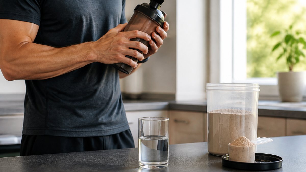A plant-based athlete in a home kitchen shaking a chocolate protein shaker bottle next to a scoop of powder and a glass of water, morning light through the window