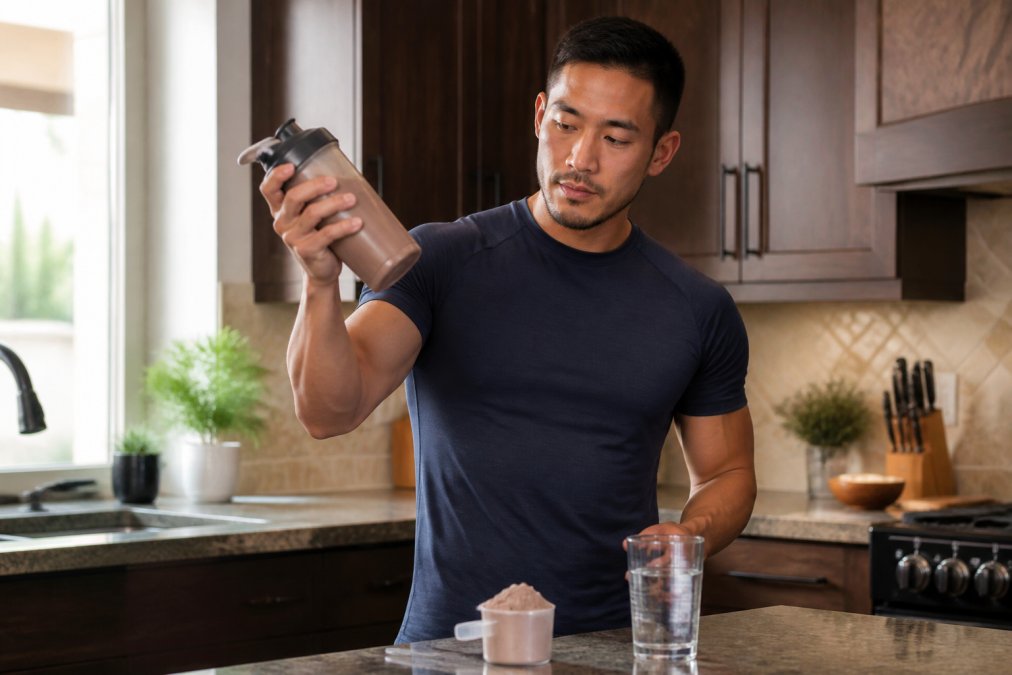Person shaking a blender bottle filled with chocolate protein shake, with a scoop of powder and a glass of water on a kitchen counter nearby