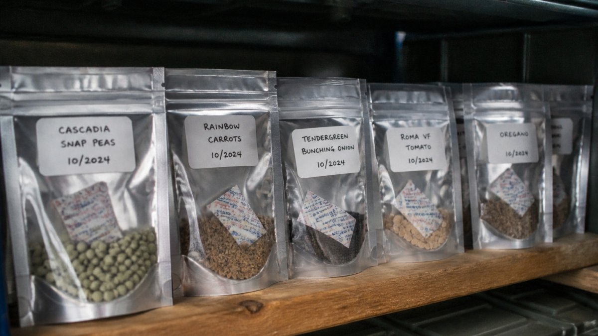 Close-up of organized seed packets in sealed mylar bags with oxygen absorbers inside a cool, dark storage container on a wooden shelf, showing labeled varieties and storage date
