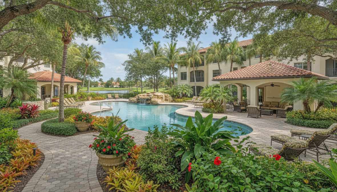 Sun-drenched Florida garden-style apartment courtyard with tropical palm trees, bougainvillea-lined pathways, a sparkling blue pool, and low-rise two-story residential buildings with private entry doors visible in warm afternoon light