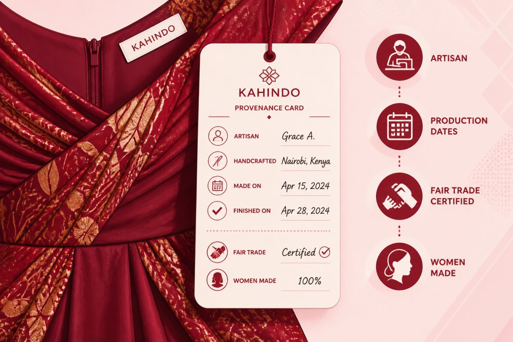 Close-up of a luxury occasion dress in rich jewel tones with an attached provenance card visible, showing handwritten artisan details, production dates, and fair-trade certification marks