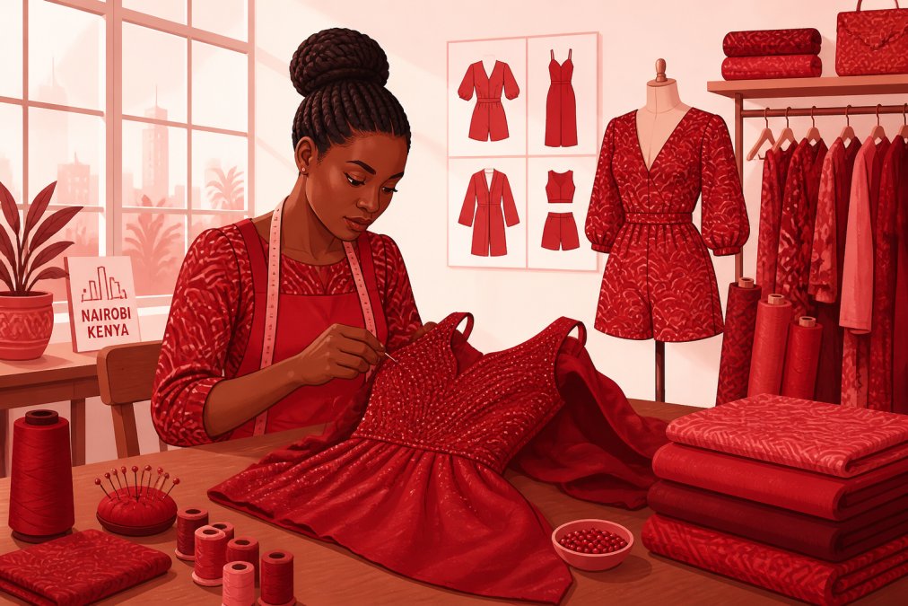 Female artisan in a bright Nairobi workshop hand-stitching intricate details on a jewel-toned occasion dress, her focused expression visible as she works at a wooden table with natural light streaming through large windows, surrounded by bolts of fabric and sewing materials