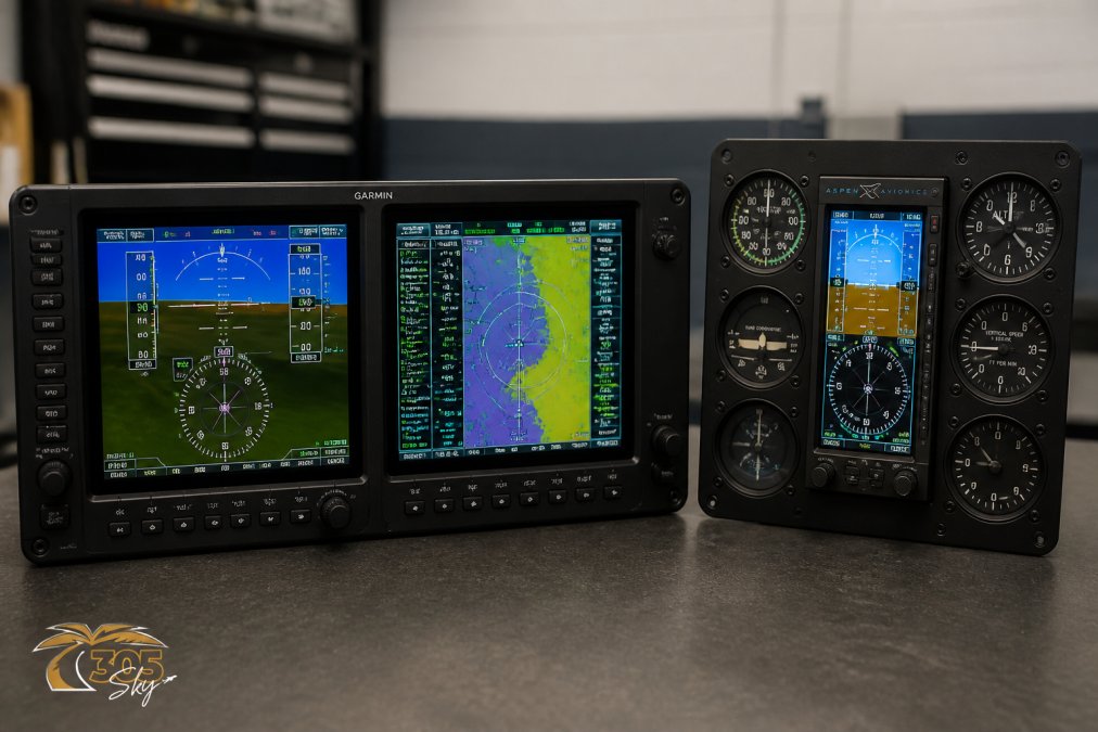 Side-by-side photograph of a Garmin G1000 NXi dual-screen flight deck glowing in a modern aircraft panel next to a single Aspen EFD1000 Pro display installed in a classic six-pack instrument hole