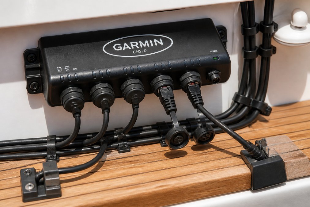 Close-up of RJ45 marine network cables connected to a Garmin chartplotter with visible connector ports, cable routing along a boat dashboard, and terminator blocks at cable ends in bright cabin lighting