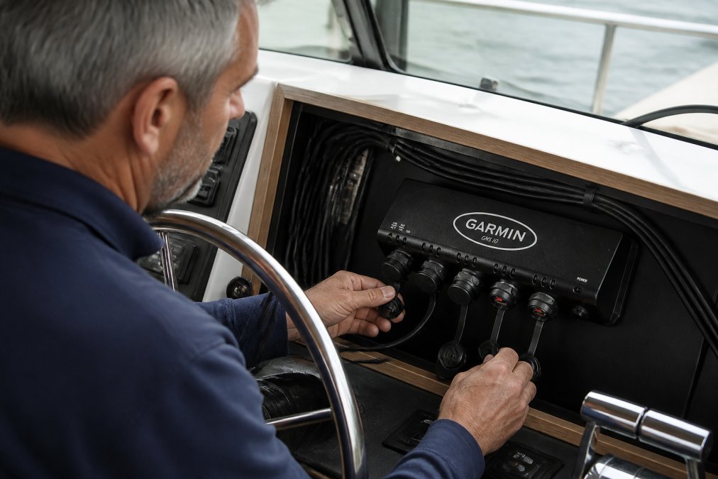 Boat owner at the helm viewing a Garmin MFD screen displaying a network device list with multiple connected chartplotters, transducers, and sensors visible on the display in natural cabin lighting