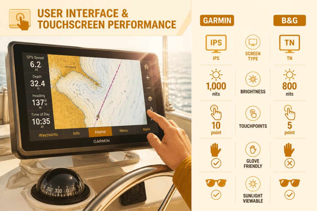 Sailor's hand operating a modern touchscreen chartplotter display at the helm during daylight, showing the bright IPS screen with clear navigation data visible despite sunlight reflection