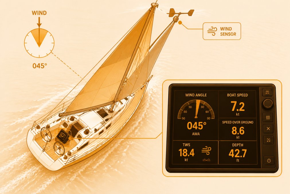 Overhead view of a heeled racing sailboat with wind sensor mounted on the mast, multifunction display visible in the cockpit showing real-time sailing data including wind angle and boat speed