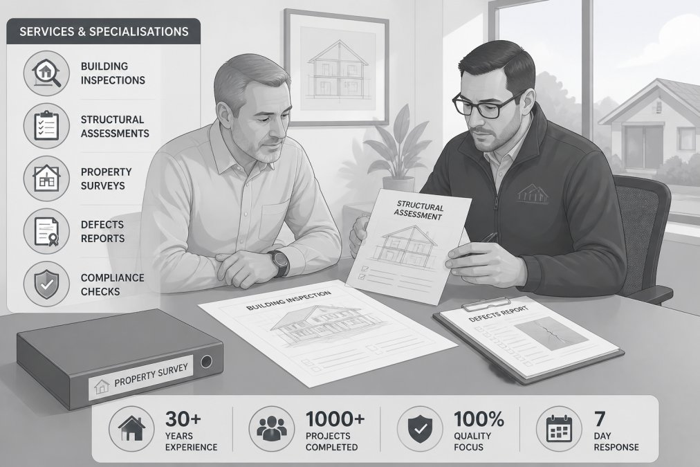 Property owner and experienced contractor reviewing building inspection documents and structural assessment reports at a consultation table in a professional office setting, natural light from windows