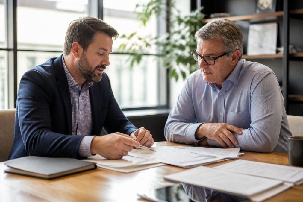 Independent insurance agent meeting with small business owner at wooden desk, reviewing policy documents and discussing coverage options in bright office with natural light