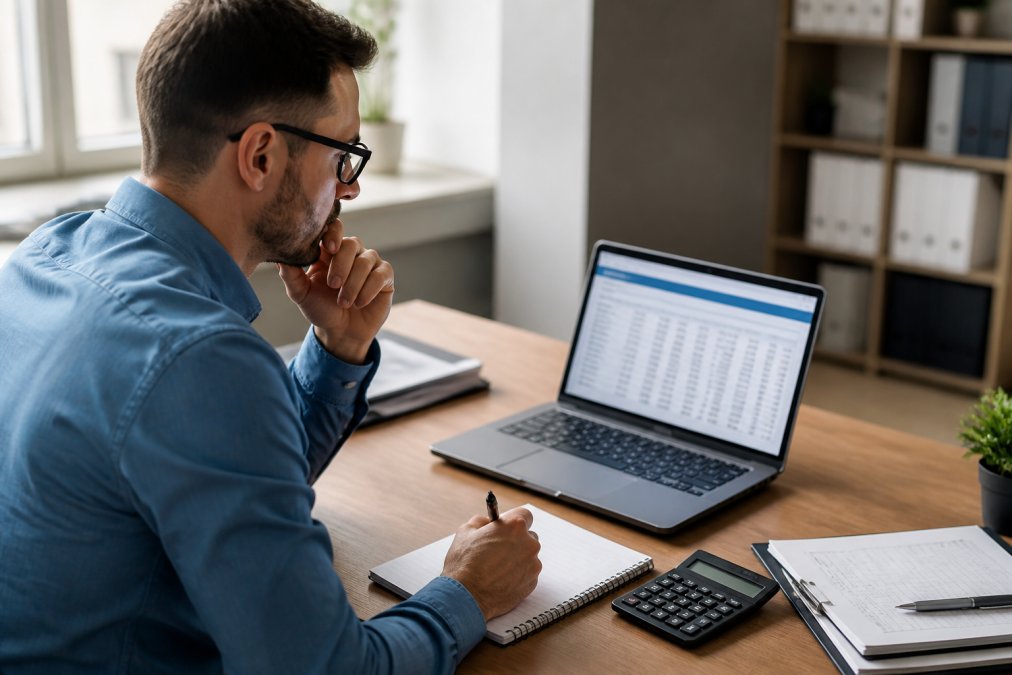 Business owner comparing insurance quotes on laptop screen with notebook and calculator nearby, analyzing coverage options at desk in modern office