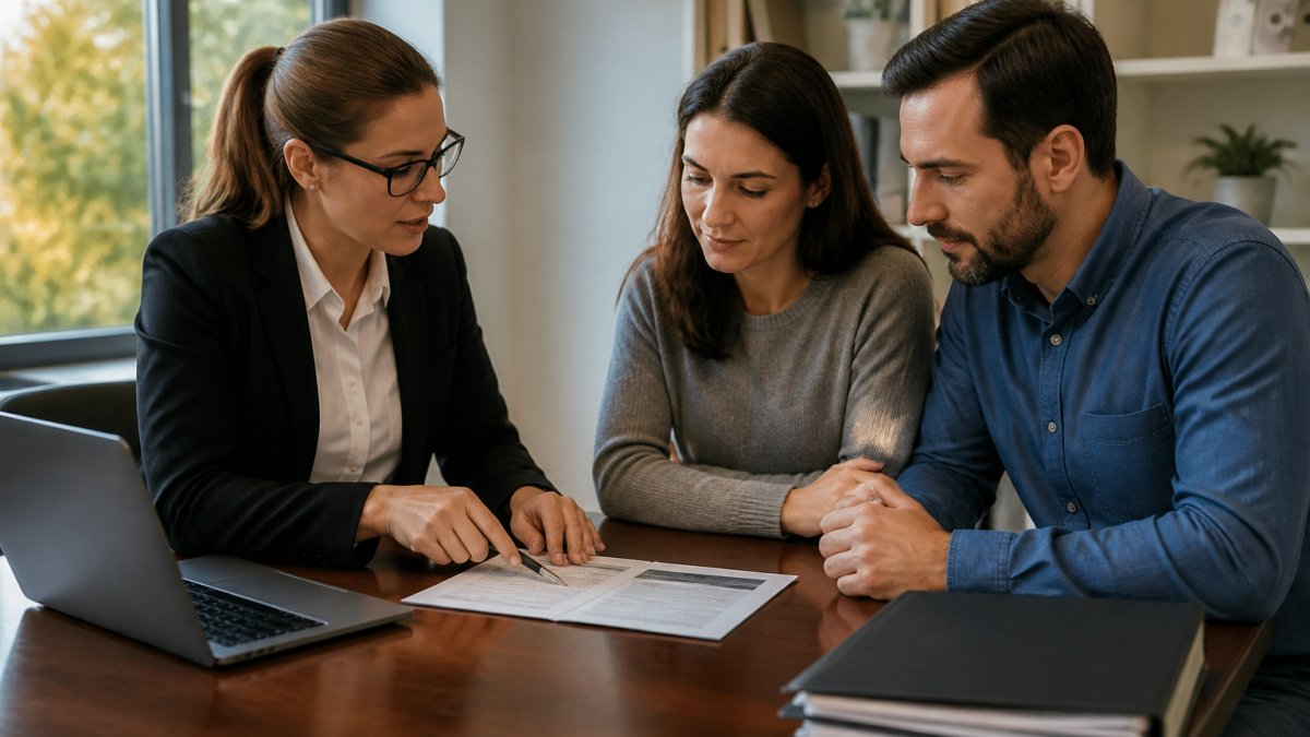 A licensed insurance agent sitting across from a couple at a desk, pointing at a comparison document with a laptop open, in a bright office with policy folders nearby