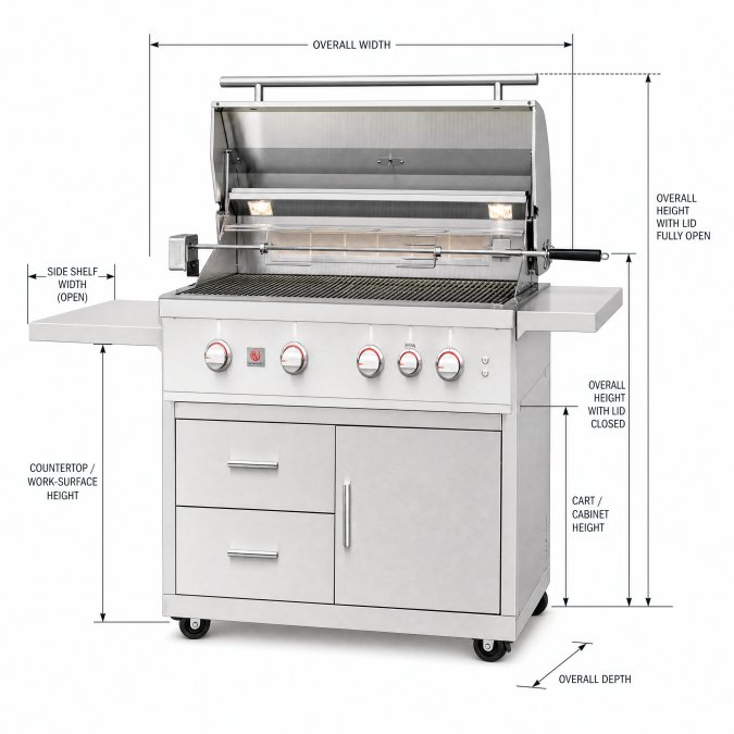 Diagram illustrating how a freestanding gas grill's width, depth, and height are measured for footprint planning.