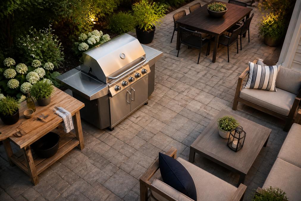 Overhead view of a backyard patio layout showing the space planned around a stainless steel freestanding grill.