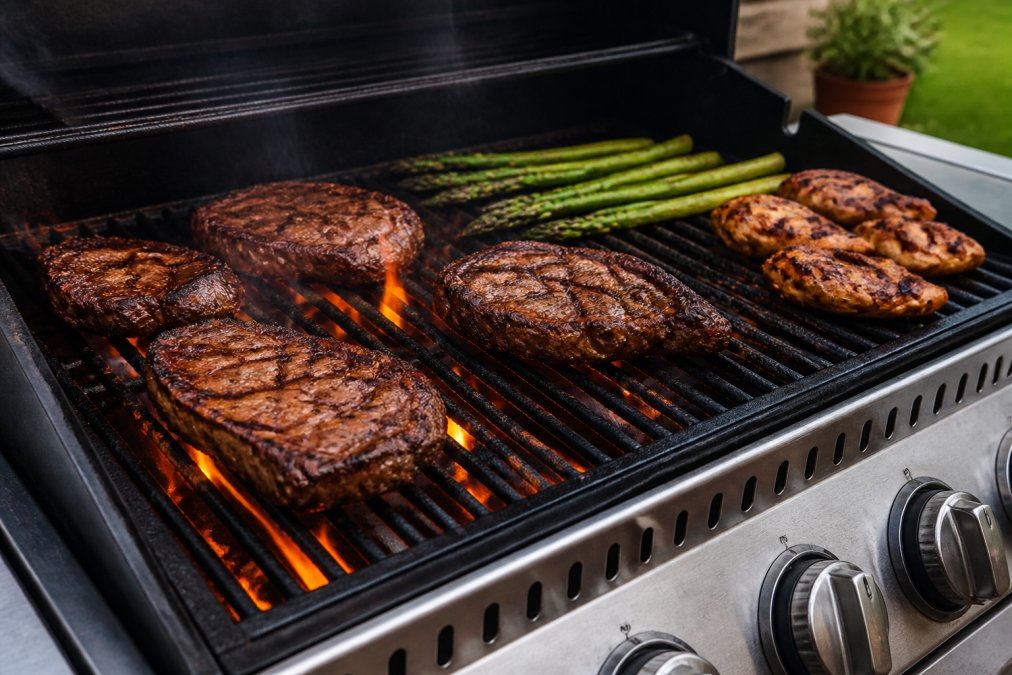 Side-by-side comparison of a freestanding gas grill and gas griddle