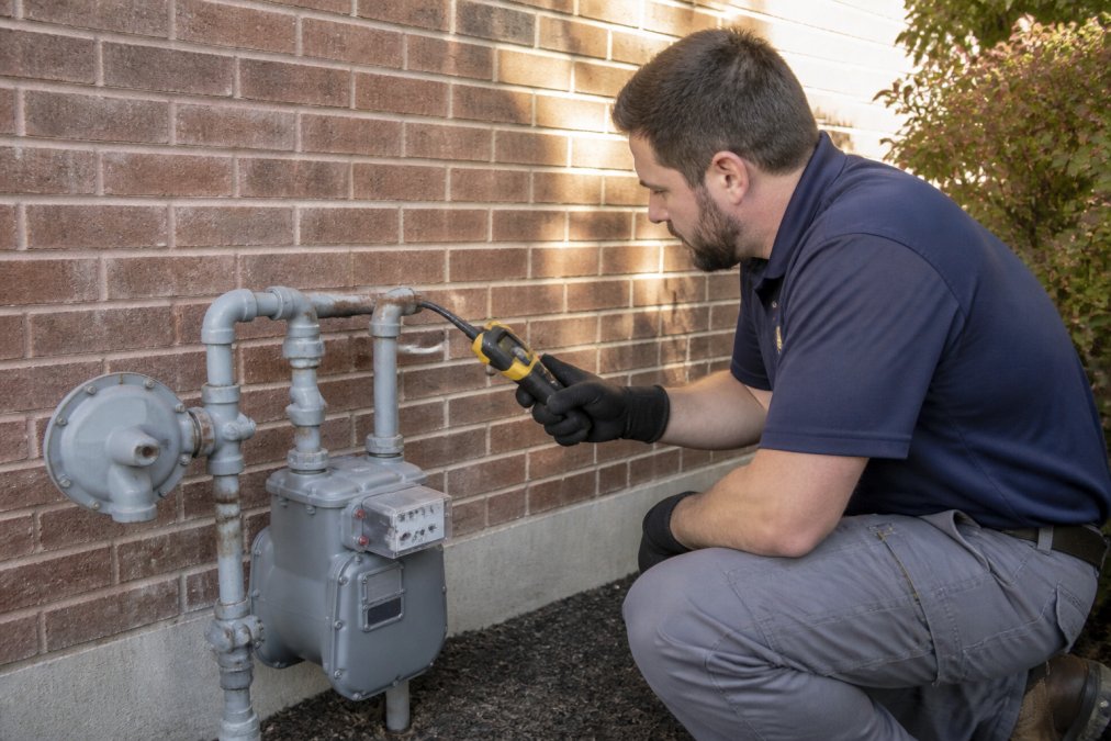 A professional plumber in work attire using an electronic gas detector wand near a residential gas meter and exposed piping on an exterior brick wall, late morning sunlight
