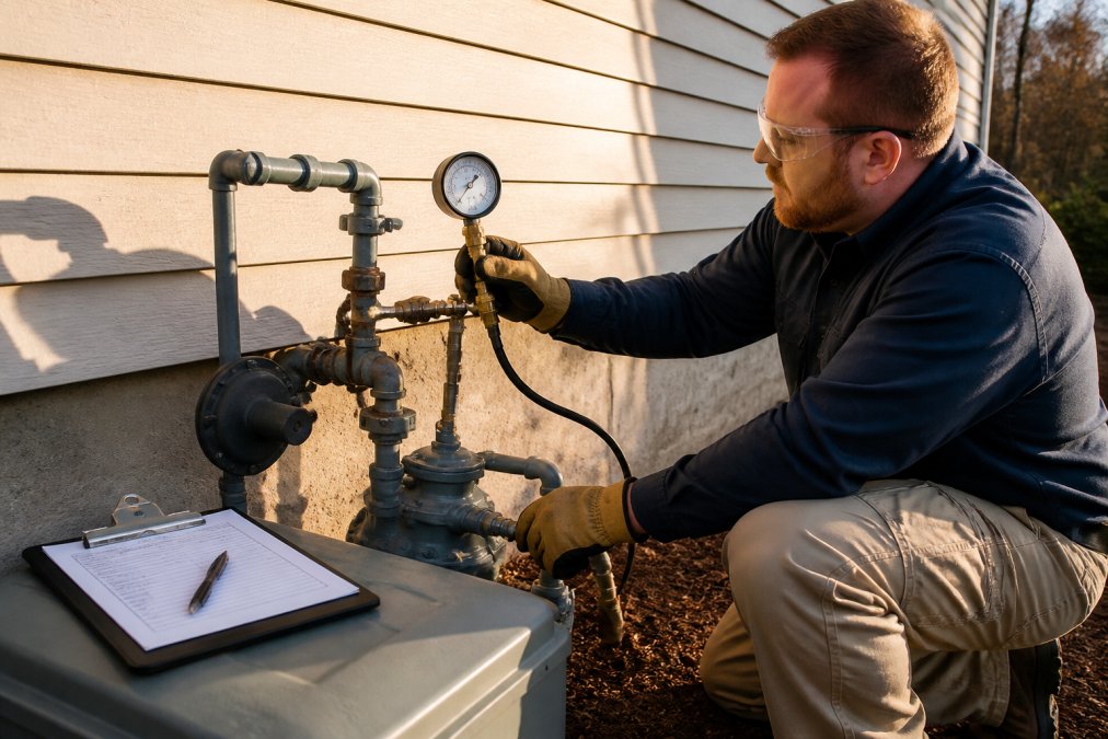 Technician attaching a pressure gauge to a residential gas pipe installation during a safety test