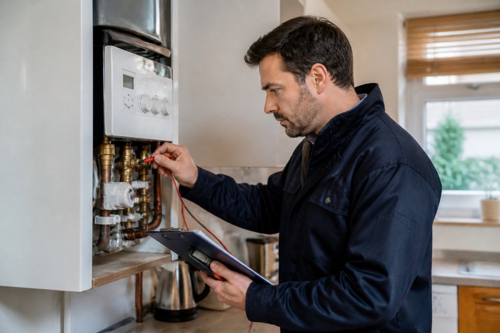 Professional Gas Safe registered engineer in uniform inspecting a boiler and gas connections in a residential kitchen, holding a clipboard and checking valve connections with a multimeter