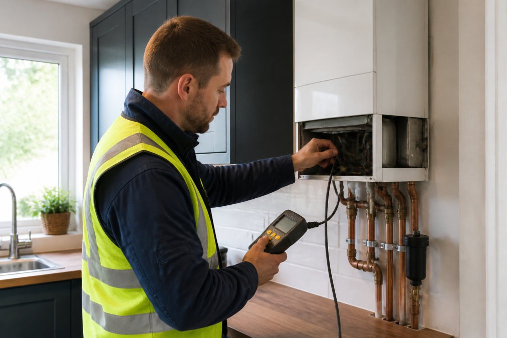 Professional gas engineer in high-visibility clothing conducting a safety inspection on a residential boiler, holding testing equipment with digital display, checking flues and pipework connections in a modern kitchen with natural daylight