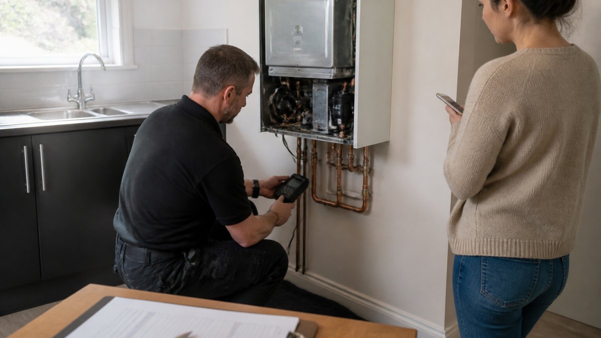 A Gas Safe registered engineer in uniform kneeling beside a wall-mounted boiler in a rental property, using a diagnostic tool while a tenant stands nearby holding a phone, with a landlord's clipboard visible on a table
