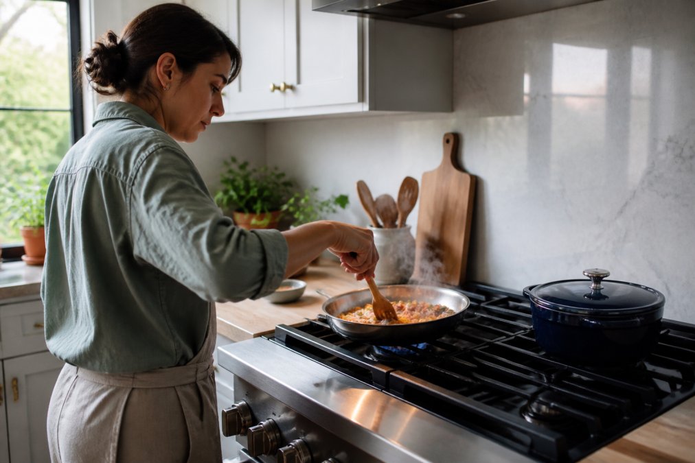 Home cook stirring a pan on a stainless steel gas range in a modern kitchen, steam rising, warm natural light from a window