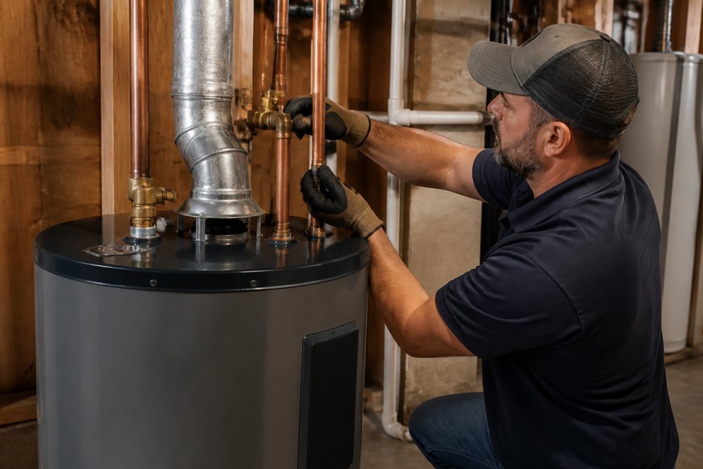 Professional plumber in work gloves connecting copper pipes and venting system to a water heater in a residential basement with concrete floor and exposed framing