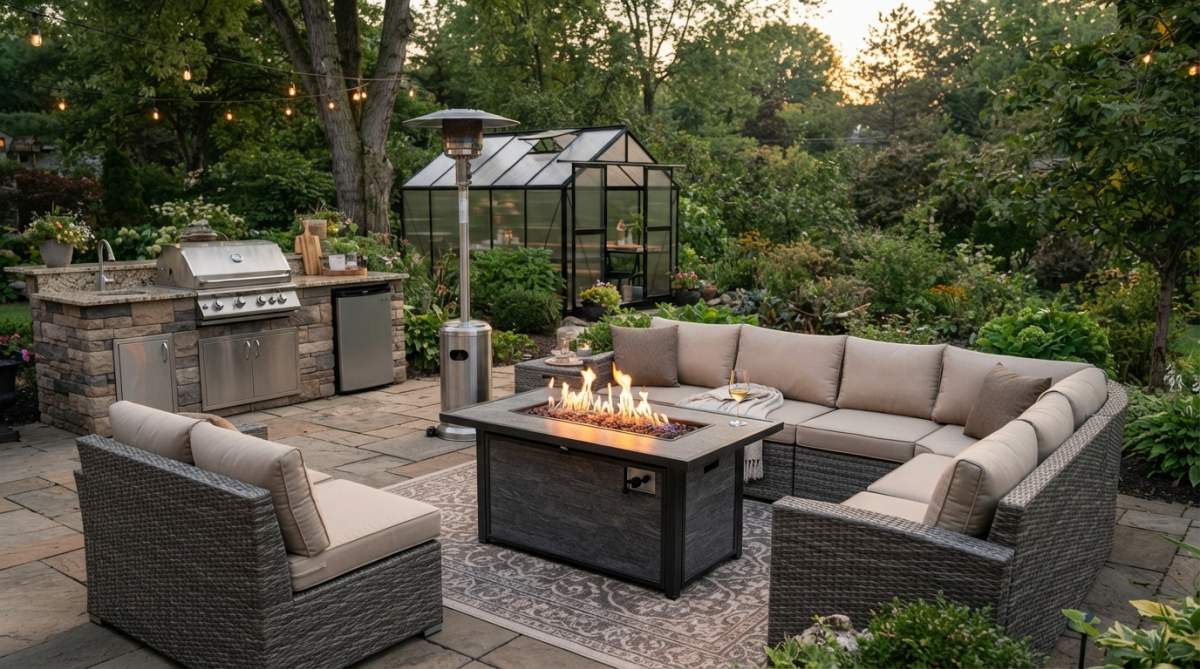 Professional illustration showing well-designed and backyard and patio concepts for gas vs wood fire pits