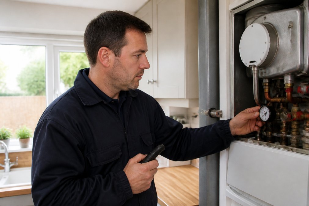 Professional heating engineer in uniform performing boiler inspection, checking pressure gauges and flue systems in a residential kitchen with natural daylight