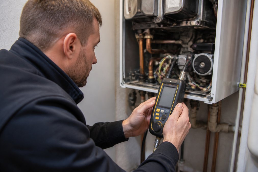 Close-up of engineer's hands holding flue gas analysis meter next to boiler, demonstrating carbon monoxide safety testing in residential setting