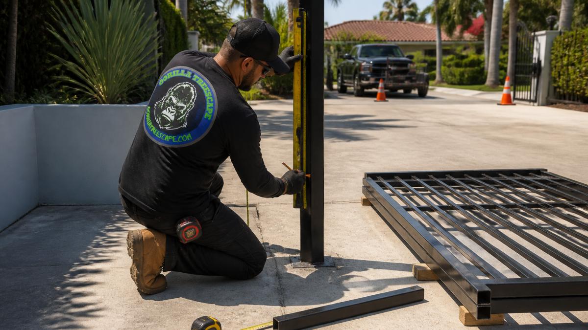 A professional installer using a level and tape measure to mark a gate post location on a concrete driveway in a sunny residential neighborhood, with a partially assembled metal gate frame nearby