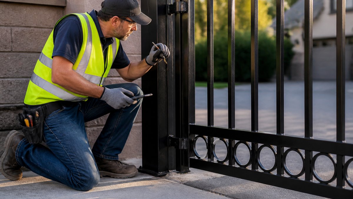 Professional technician in safety vest inspecting residential driveway gate hinges with diagnostic tools, checking alignment in afternoon sunlight