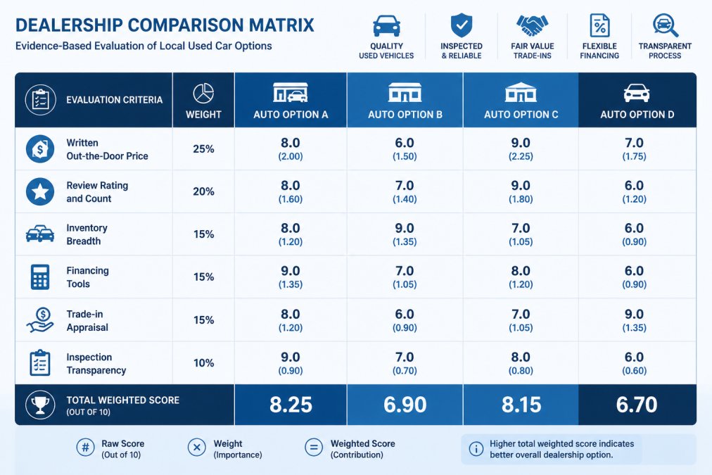 Decision matrix comparing dealership evaluation criteria: written out-the-door price 25%, review rating and count 20%, inventory breadth 15%, financing tools 15%, trade-in appraisal 15%, inspection transparency 10%, with weighted score columns for each local option