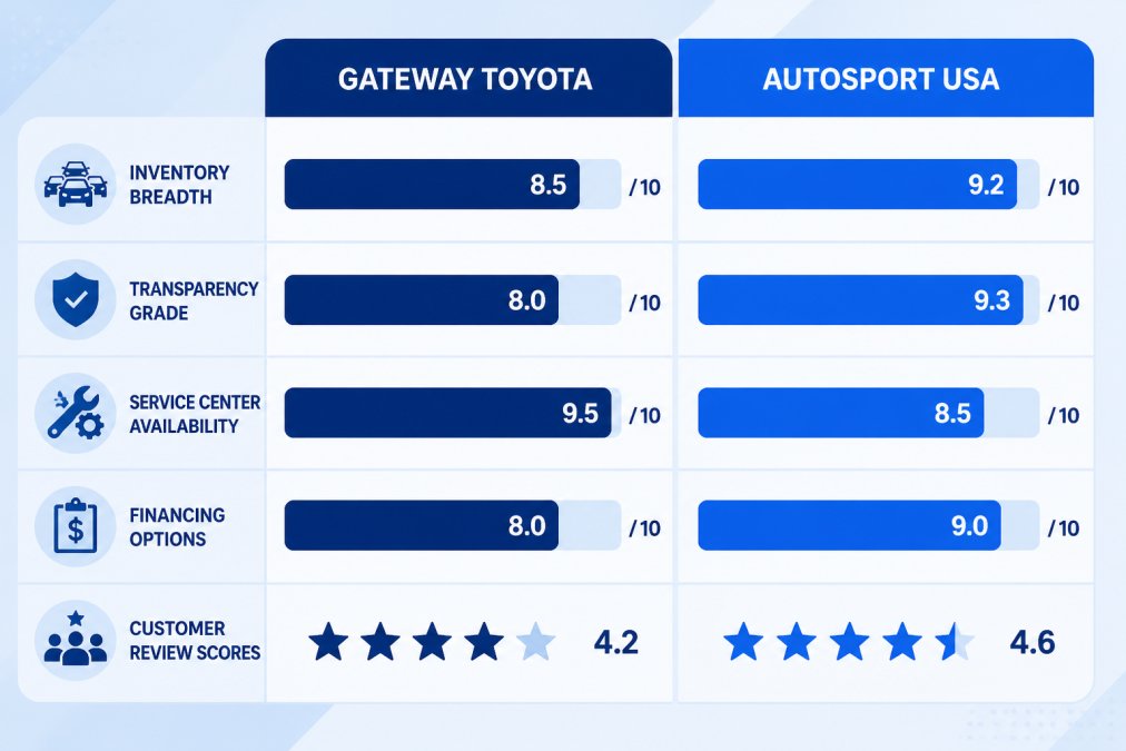 Bar chart comparing Gateway Toyota vs AutoSport USA across five criteria: inventory breadth, transparency grade, service center availability, financing options, and customer review scores