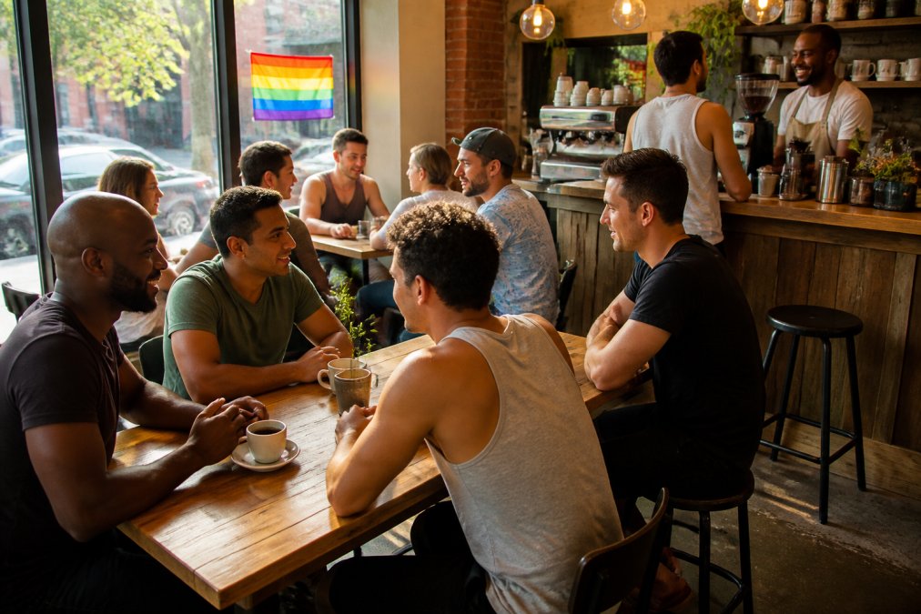 Diverse patrons chatting over coffee in a sunlit cafe with a rainbow flag sticker on the window and a smiling barista.