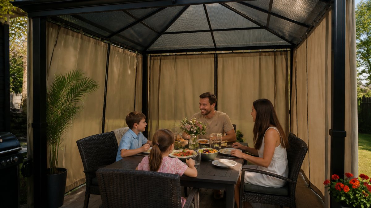 Schéma illustrant l'aménagement d'un espace repas sous un gazebo rigide de 10 x 10 pieds en jardin.