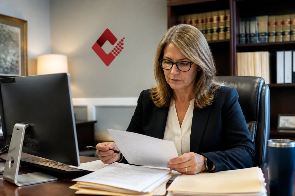 Office manager at a law firm sitting at desk reviewing security protocols on a computer monitor, with case files visible in background