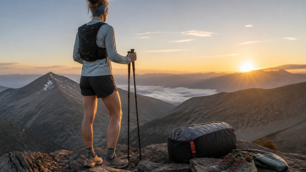 Trail runner with a hydration vest and trekking poles standing at a rocky mountain overlook at dawn
