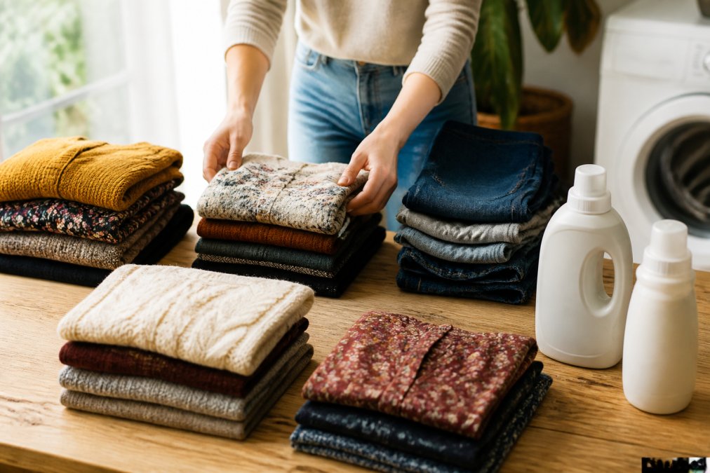 Hände sortieren Vintage-Kleidungsstücke nach Farben und Materialien auf einem hellen Holztisch, daneben ein Waschmittelbehälter und ein Wollwaschmittel, natürliches Tageslicht von der Seite