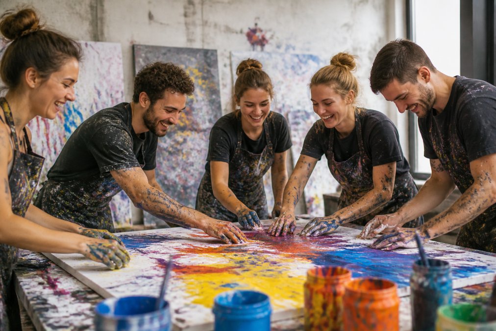 Eine Gruppe lachender Freunde in einem hellen Atelier, die gemeinsam mit bunten Farben eine große Leinwand bemalen. Die Hände sind mit Farbe verschmiert, im Hintergrund sind weitere Leinwände und Farbspritzer zu sehen. Die Stimmung ist ausgelassen und kreativ.