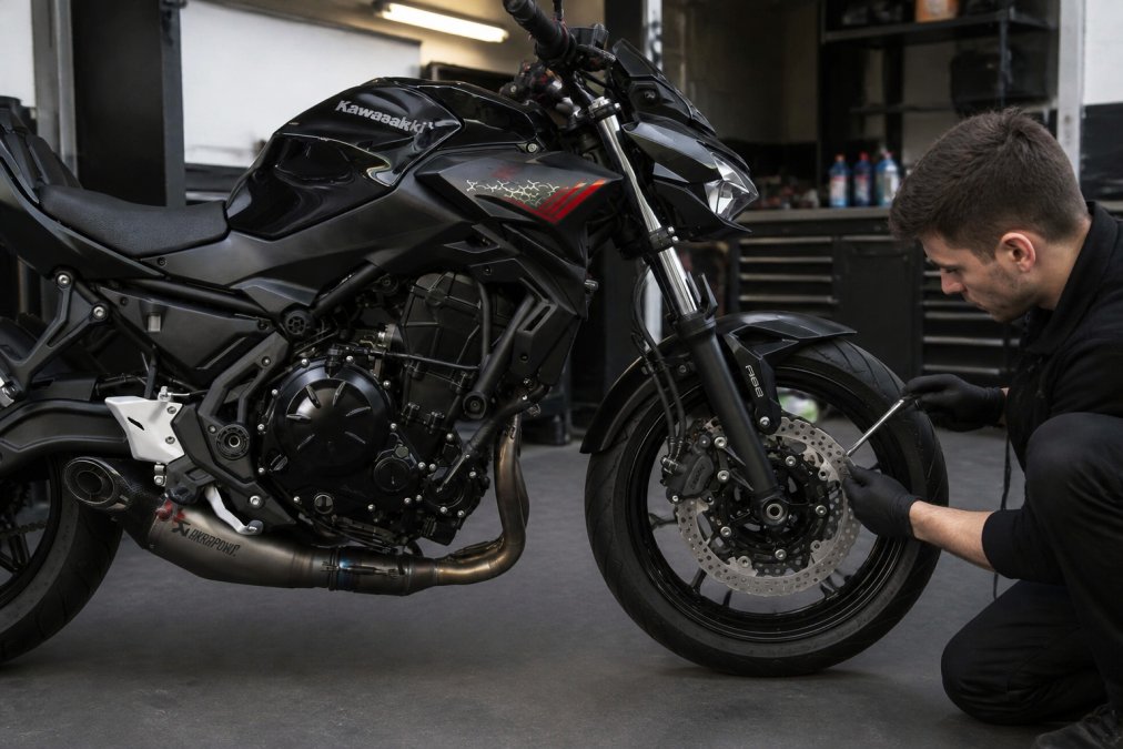 Technicus inspecteert motoronderdelen met gereedschap in werkplaats, controleert remschijven en kettingspanning onder heldere werkverlichting