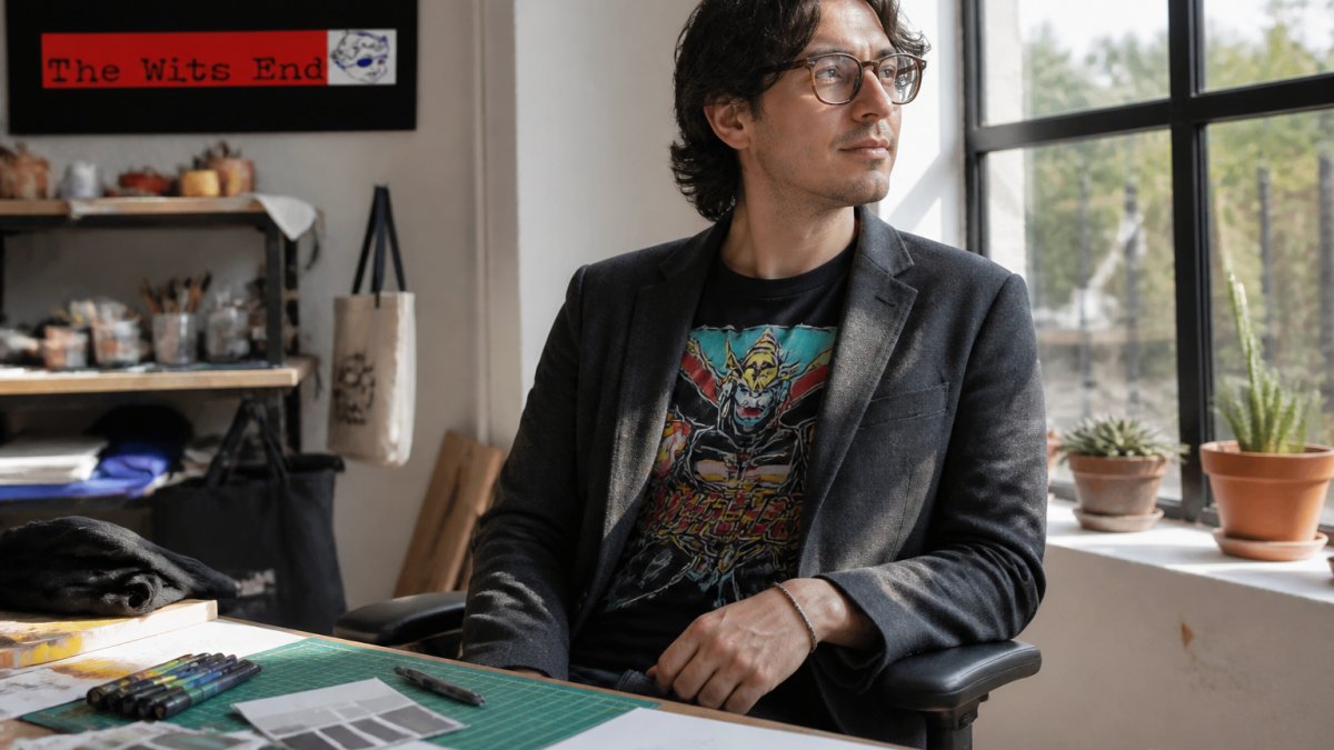 Person in a graphic tee and structured blazer working in a bright, modern home office space