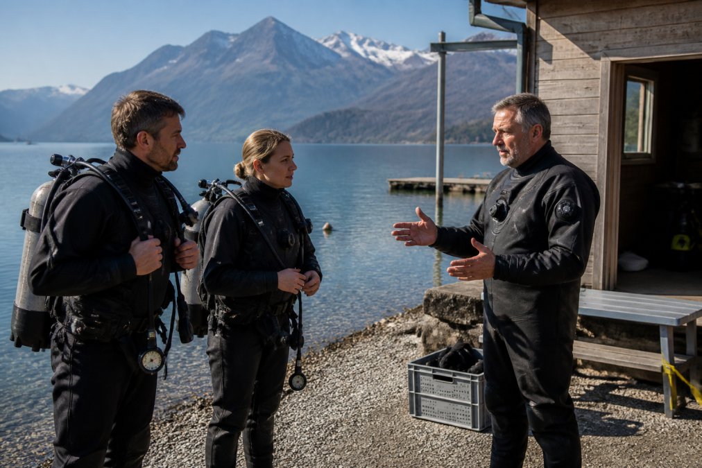 Zwei Taucher in Trockentauchanzügen mit Tauchflaschen und Kompass am Ufer eines großen Sees, ein Tauchlehrer erklärt gerade das Briefing an einer Tauchbasis mit Bergpanorama im Hintergrund