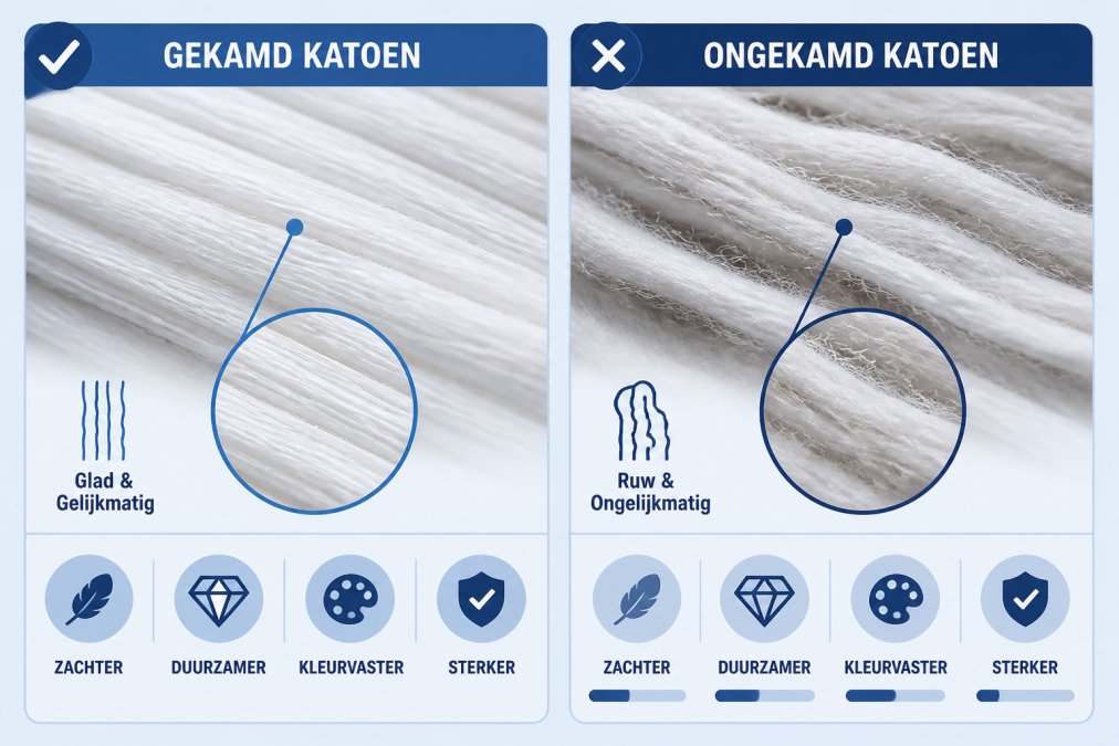 Close-up macro fotografie vergelijking van textuurverschil tussen gekamd katoenvezels (glad, parallel, dicht) en ongekamd katoenvezels (ruw, chaotisch, losjes) onder natuurlijk licht