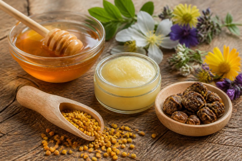 Flache Anordnung von natürlichen Bienenprodukten wie Honig, Pollen, Propolis und Gelée Royale auf Holzoberfläche mit Blüten